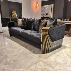 Turkish Style Black Velvet Sofa with Gold Ribbed Metal Frame - Image 1