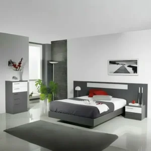 Modern Minimalist Two-Tone Grey and White Laminated Bed Frame with Integrated Headboard - Image 1