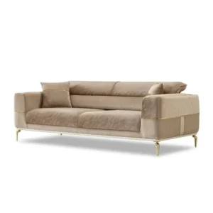 Luxury Grand Beige Velvet Sofa with Gold Trim and Designer Cushions - Image 1