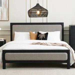 Simple Black and Grey Boucle Fabric Bed with Half-Polish Frame - Image 1