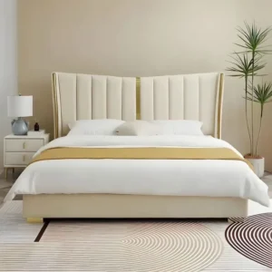 Turkish Style Cream Leatherette Bed with Gold Vertical Trim - Image 1