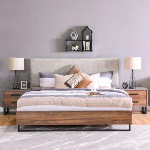 Modern Industrial Laminated Bed with Grey Fabric Headboard - Image 1