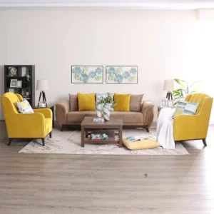 Elegant Beige and Mustard Velvet Living Room Sofa Set with Wooden Accents - Image 1