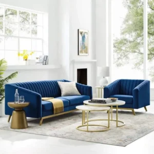 Luxurious Royal Blue Velvet Sofa Set with Vertical Channel Tufting and Gold Stainless Steel Legs - Image 1