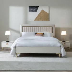 Turkish Plain Fabric Bed with Vertical Channel Tufting and Gold Leg Accents - Image 1