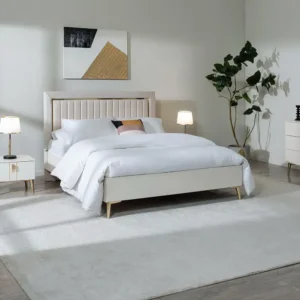 Turkish Plain Fabric Bed with Vertical Channel Tufting and Gold Leg Accents - Image 2