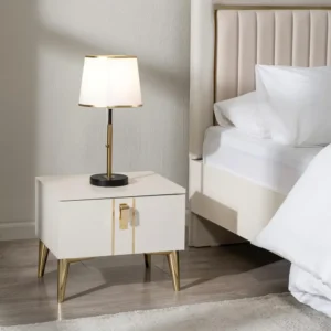 Turkish Plain Fabric Bed with Vertical Channel Tufting and Gold Leg Accents - Image 3