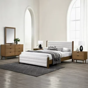 Modern Light Brown Wood and White Textured Fabric Bed with Matching Drawers - Image 1