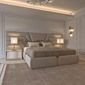 Premium White Leather Rite Turkish Fabric Bed with Oversized Diamond Headboard - Image 1