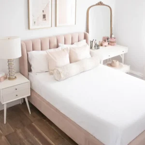 Romantic Blush Pink Velvet Channel Tufted Bed with Matching Vanity Console - Image 1