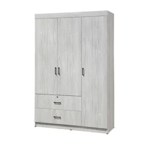 Simple Three-Door Light Grey Wood Grain Wardrobe with Drawers - Image 1