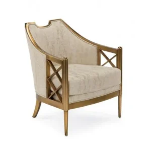 Classic Gold Frame Bedroom Accent Chair in Beige Velvet with Lattice Detail - Image 1