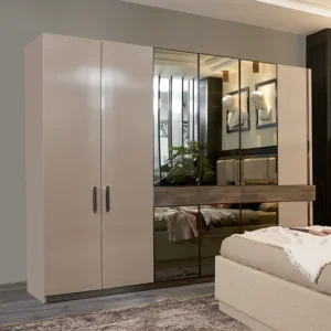 Premium 4-Door Wardrobe with Tinted Glass and Grey Deco Finish - Image 1