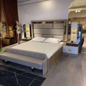 Turkish Grey Jute Fabric Bed with Quilted Headboard and Integrated Bench - Image 1