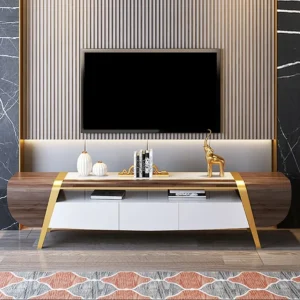 Turkish Deco White and Gold LCD Floor Unit with Curved Walnut Ends - Image 1