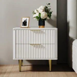 Modern Fluted White Side Table with Gold Tapered Legs - Image 1