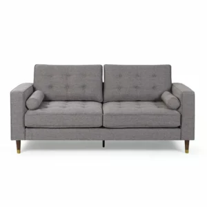 Mid-Century Modern Grey Jute Fabric Sofa with Tapered Brown Wooden Legs - Image 1