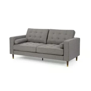 Mid-Century Modern Grey Jute Fabric Sofa with Tapered Brown Wooden Legs - Image 2