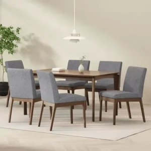 Simple Scandinavian Style Dining Set with Grey Jute Chairs and Brown Wood Table - Image 1