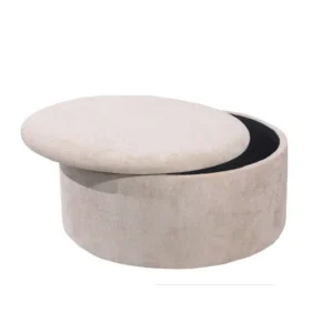 Circular Beige Velvet Pouffe with Hidden Storage Compartment - Image 2