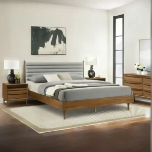 Horizontal Channel Tufted Modern Bed in Gray Velvet and Walnut - Image 1