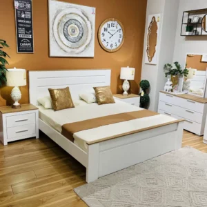 Elegant White and Oak Classic Deco King Size Bed with Slat Headboard - Image 1