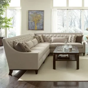 Modern L-Shaped Sectional Sofa in White Jute Fabric with Tufted Back - Image 1