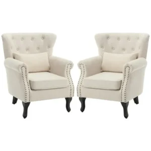 Pair of Classic Tufted Wingback Bedroom Chairs in White Velvet - Image 1