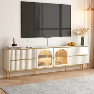 Modern Ribbed White and Gold LCD Floor Unit with Arched Glass Doors - Image 1