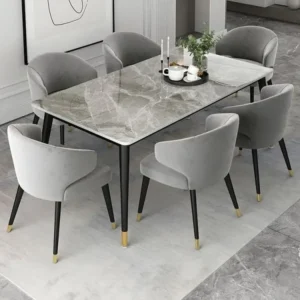 Contemporary Grey Marble Top Dining Table with Velvet Chairs - Image 1