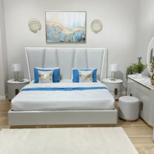 Modern White Leather Rite Bedroom Set with High Back Winged Headboard and Blue Accents - Image 1