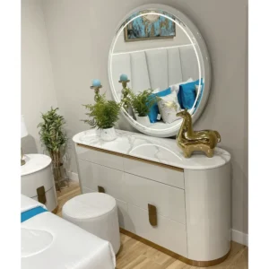 Modern White Leather Rite Bedroom Set with High Back Winged Headboard and Blue Accents - Image 2