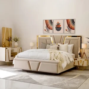 Opulent White & Gold Turkish Fabric Bed with Geometric Headboard - Image 1