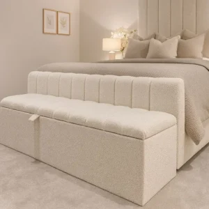 Contemporary White Boucle Upholstered Storage Bench with Vertical Stitching - Image 1