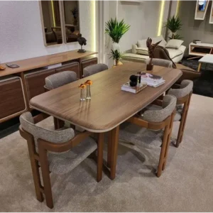 Modern Walnut Finish Dining Table with Grey Jute Inset Chairs - Image 1