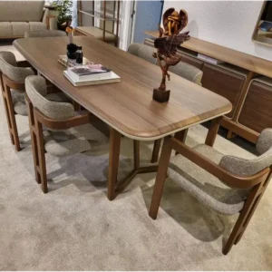 Modern Walnut Finish Dining Table with Grey Jute Inset Chairs - Image 2