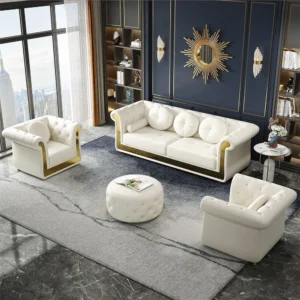 Luxury White Velvet Chesterfield Sofa Set with Gold Framing - Image 1