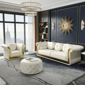 Luxury White Velvet Chesterfield Sofa Set with Gold Framing - Image 2