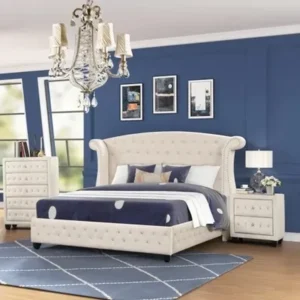 Royal Grand Chesterfield Upholstered Fabric Wingback Bed in White - Image 1