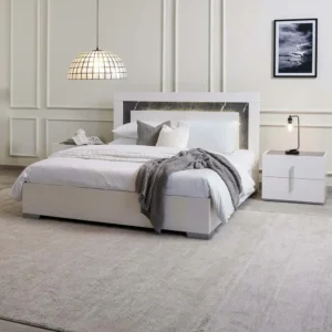 Modern White Deco Bed with Integrated Marble Texture Headboard - Image 1