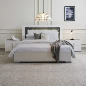 Modern White Deco Bed with Integrated Marble Texture Headboard - Image 2