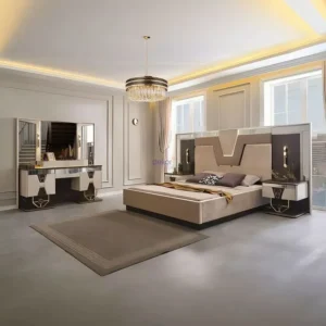 Grand Turkish Deco Fabric Bed with Architectural Headboard and Mirrored Accents - Image 1