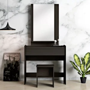 Modern Minimalist Dark Brown Laminated Dressing Table with Large Rectangular Mirror - Image 1