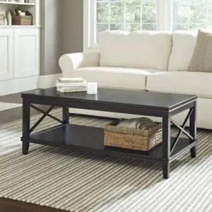 Luxury Black Polish Rectangular Center Table with X-Frame Side Detail - Image 1