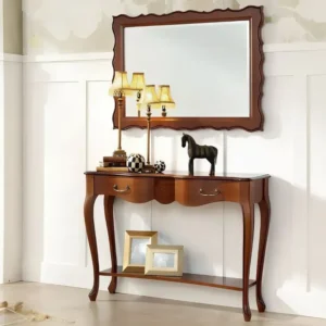 Classic Hand-Polished Brown Wooden Console Table with Scalloped Apron and Lower Shelf - Image 1