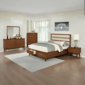Mid-Century Modern Solid Wood Bed Set with Integrated Storage and Fabric Headboard - Image 1