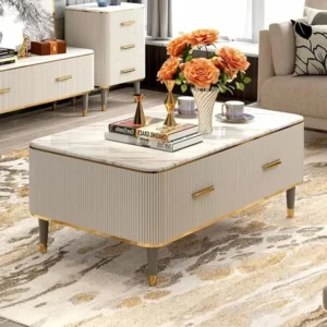 Turkish Style Marble Top Center Table with Fluted Deco Sides and Gold Trim - Image 1