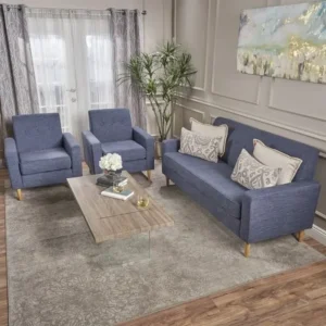 Contemporary Blue Jute Fabric Sofa Set with Light Brown Legs - Image 1