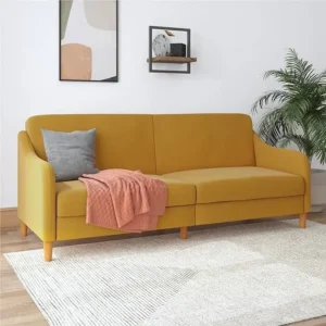 Mid-Century Modern Mustard Yellow Velvet Fabric Sofa with Natural Wood Legs - Image 1