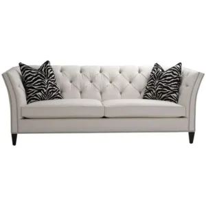 Classic Tufted White Velvet Sofa with Zebra Print Accent Pillows and Nailhead Trim - Image 1